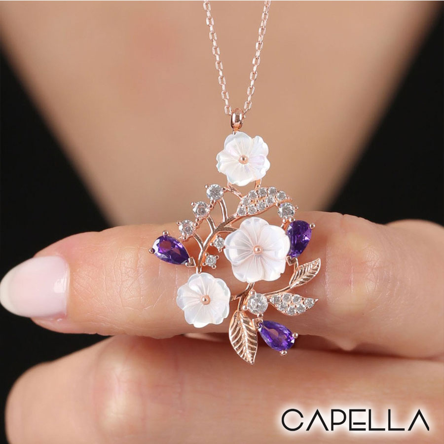 Collar Flor de Magnolia Plata 925 Enchape Oro Rosado con Amatista y Cubic  Zirconia – Joyas Capella